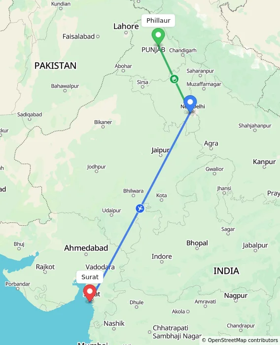 Route map showing distance and travel time from Phillaur, India to Surat, India