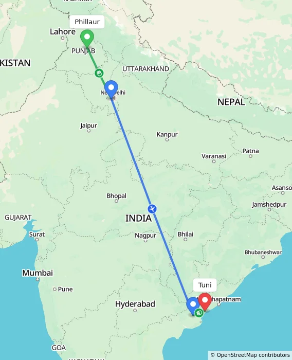 Route map showing distance and travel time from Phillaur, India to Tuni, India