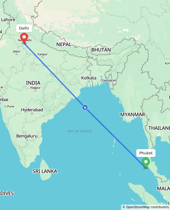 Route map showing distance and travel time from Phuket, Thailand to Delhi, India