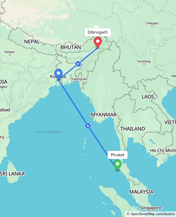 Route map showing distance and travel time from Phuket, Thailand to Dibrugarh, India