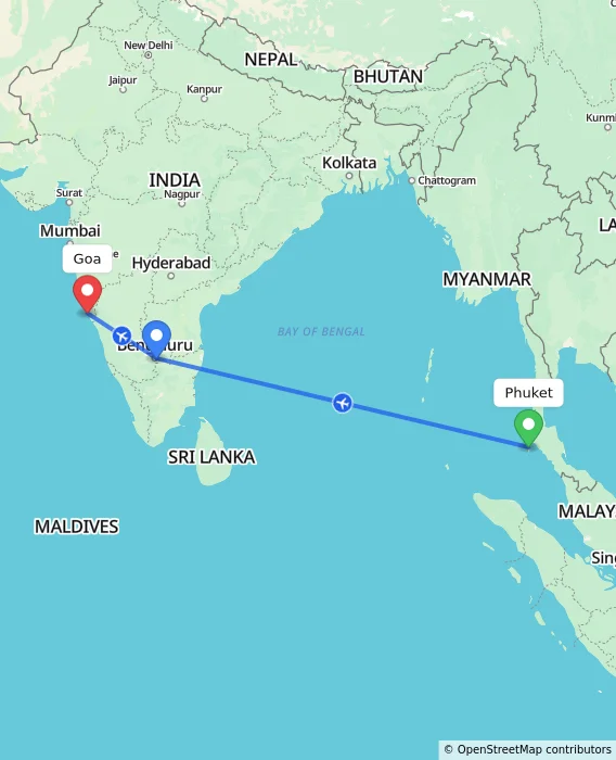 Route map showing distance and travel time from Phuket, Thailand to Goa, India