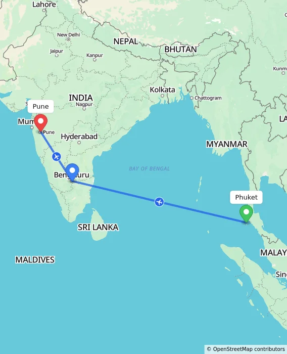 Route map showing distance and travel time from Phuket, Thailand to Pune, India
