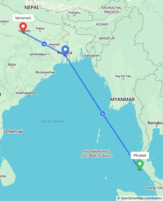 Route map showing distance and travel time from Phuket, Thailand to Varanasi, India