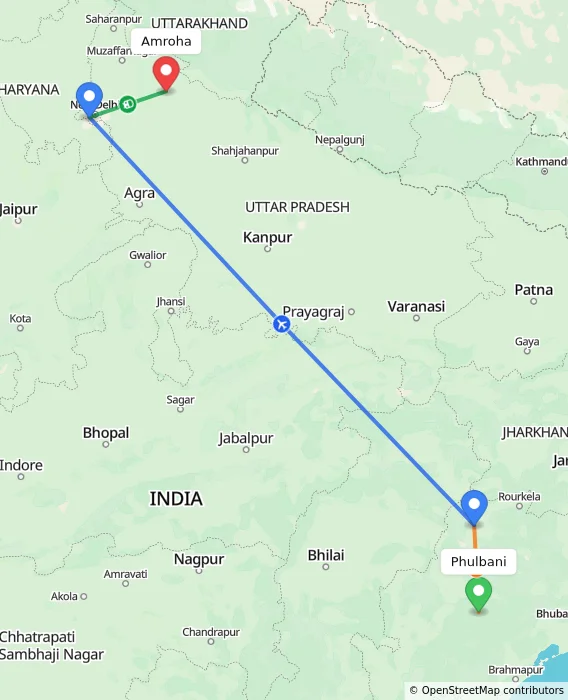 Route map showing distance and travel time from Phulbani, India to Amroha, India