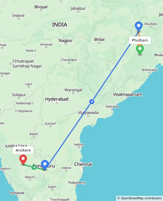 Route map showing distance and travel time from Phulbani, India to Arsikere, India