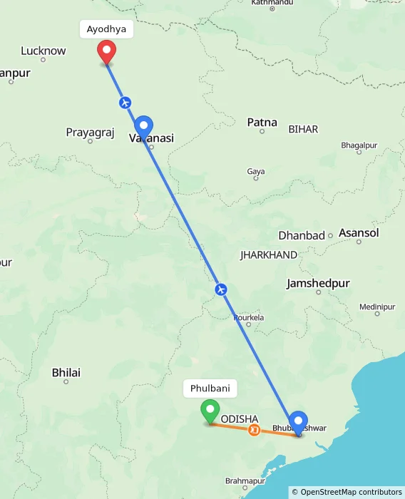 Route map showing distance and travel time from Phulbani, India to Ayodhya, India