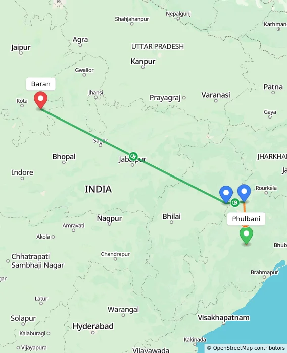 Route map showing distance and travel time from Phulbani, India to Baran, India