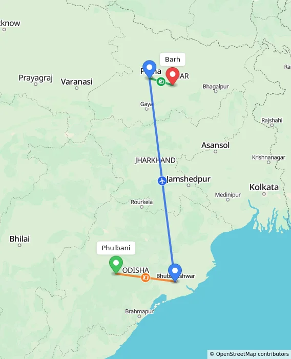 Route map showing distance and travel time from Phulbani, India to Barh, India