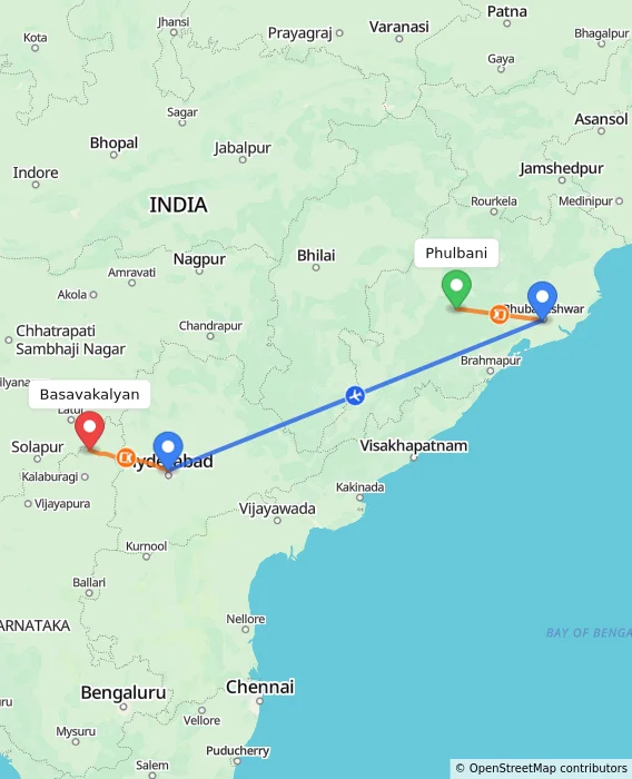 Route map showing distance and travel time from Phulbani, India to Basavakalyan, India