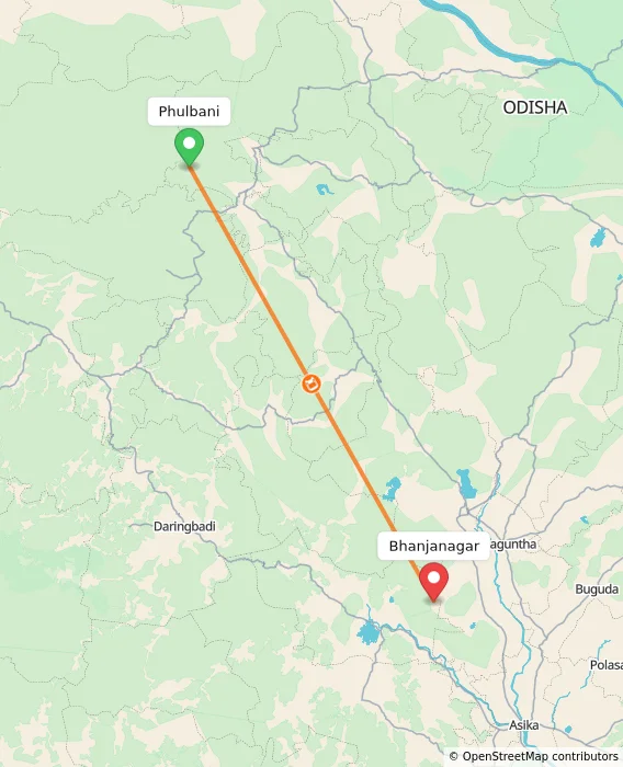 Route map showing distance and travel time from Phulbani, India to Bhanjanagar, India