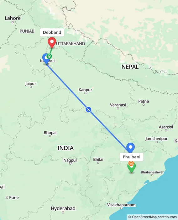 Route map showing distance and travel time from Phulbani, India to Deoband, India