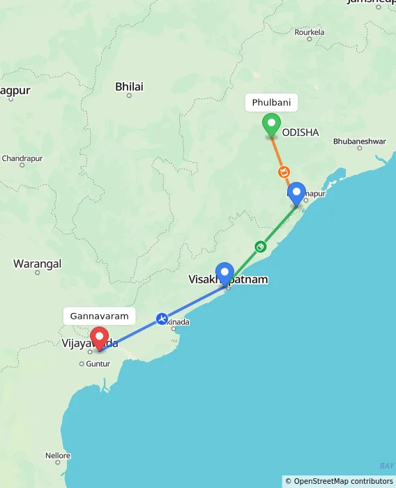 Route map showing distance and travel time from Phulbani, India to Gannavaram, India