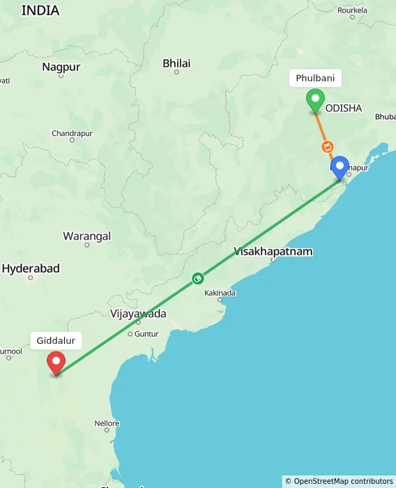 Route map showing distance and travel time from Phulbani, India to Giddalur, India