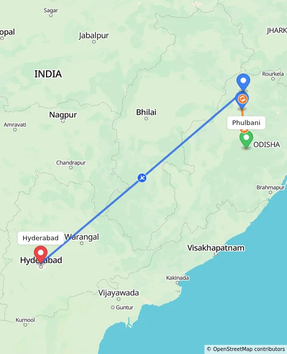 Route map showing distance and travel time from Phulbani, India to Hyderabad, India