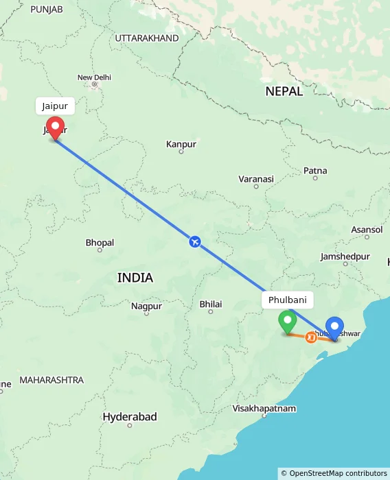 Route map showing distance and travel time from Phulbani, India to Jaipur, India