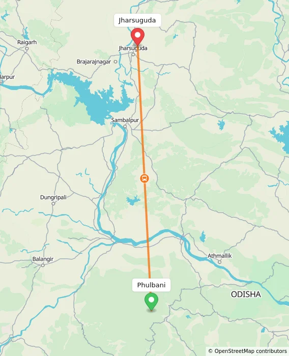 Route map showing distance and travel time from Phulbani, India to Jharsuguda, India