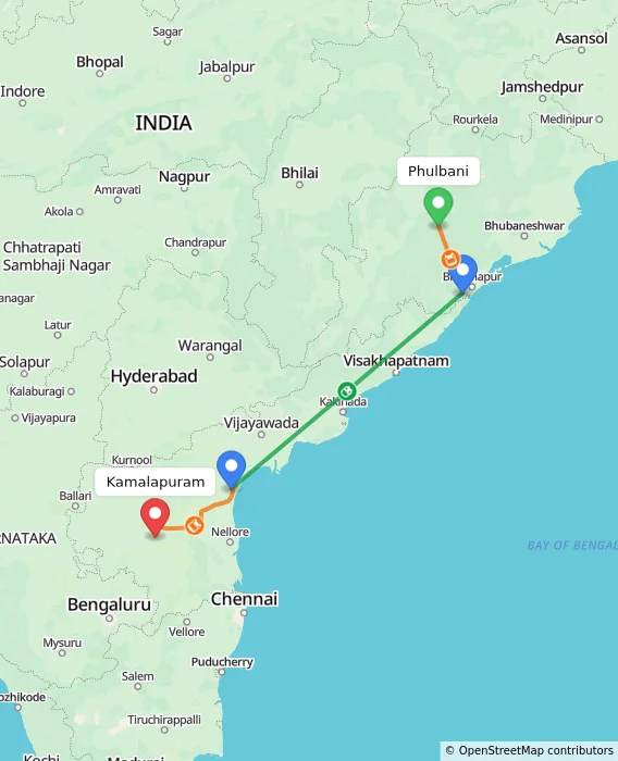 Route map showing distance and travel time from Phulbani, India to Kamalapuram, India