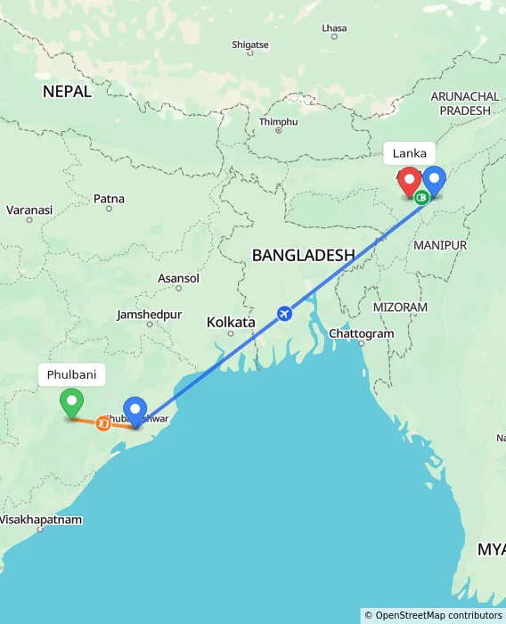 Route map showing distance and travel time from Phulbani, India to Lanka, India