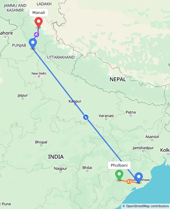 Route map showing distance and travel time from Phulbani, India to Manali, India