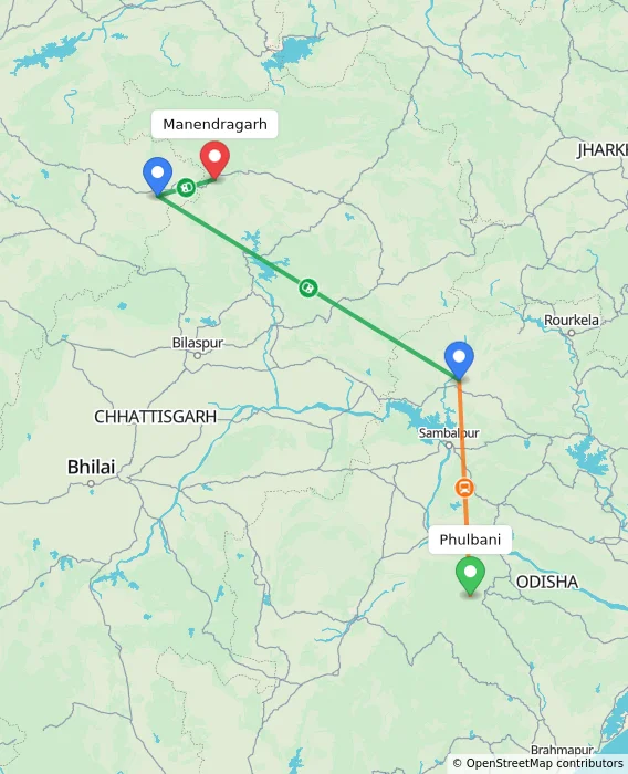Route map showing distance and travel time from Phulbani, India to Manendragarh, India