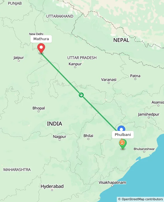 Route map showing distance and travel time from Phulbani, India to Mathura, India