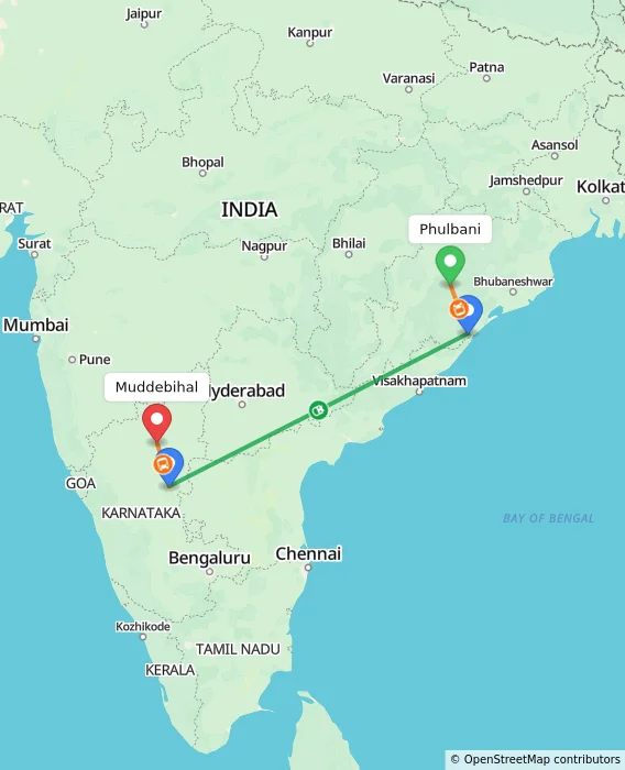 Route map showing distance and travel time from Phulbani, India to Muddebihal, India