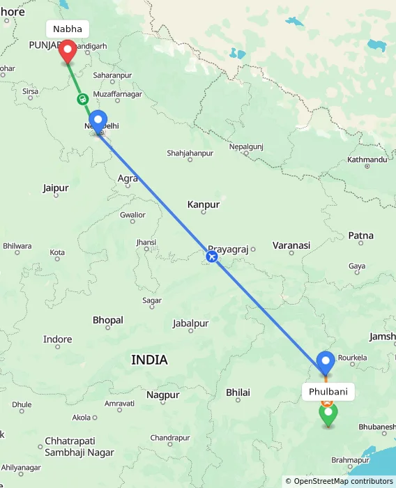 Route map showing distance and travel time from Phulbani, India to Nabha, India