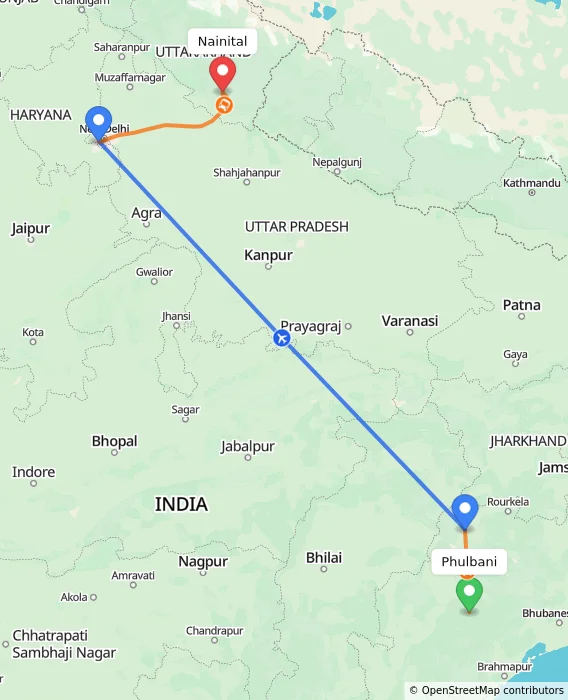 Route map showing distance and travel time from Phulbani, India to Nainital, India