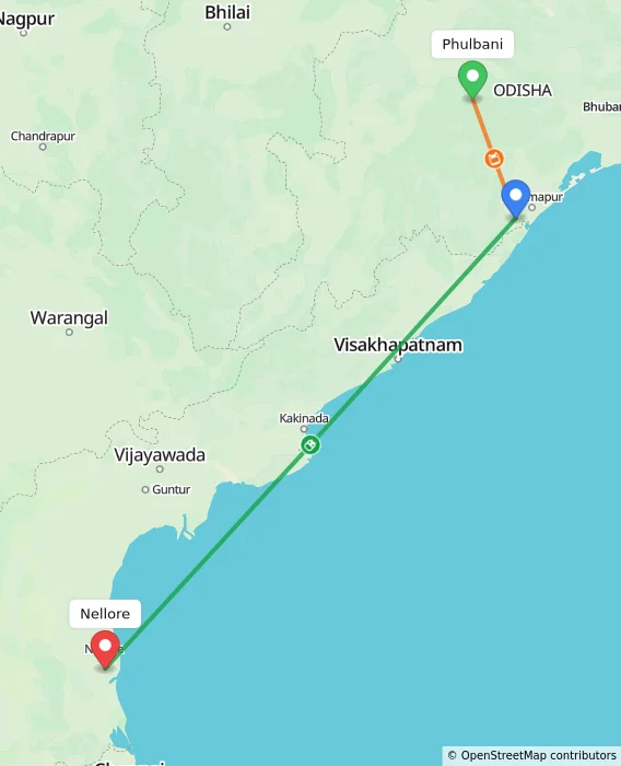 Route map showing distance and travel time from Phulbani, India to Nellore, India