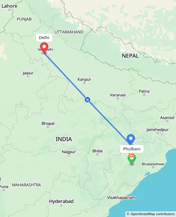 Route map showing distance and travel time from Phulbani, India to Delhi, India