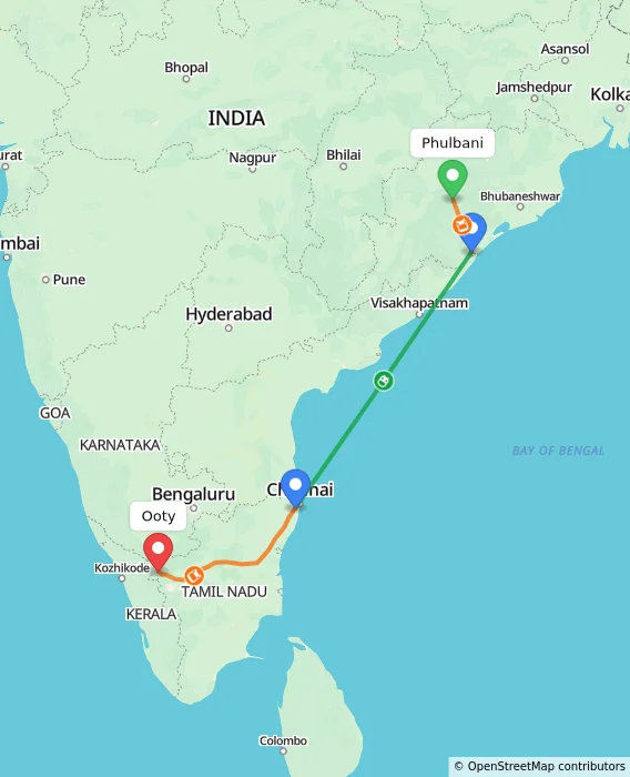 Route map showing distance and travel time from Phulbani, India to Ooty, India
