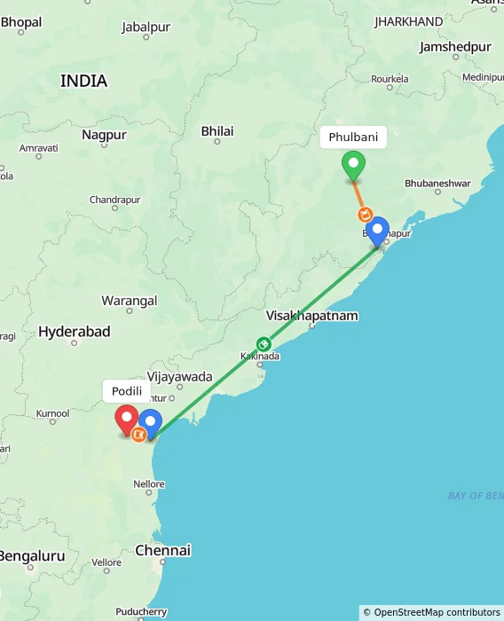 Route map showing distance and travel time from Phulbani, India to Podili, India