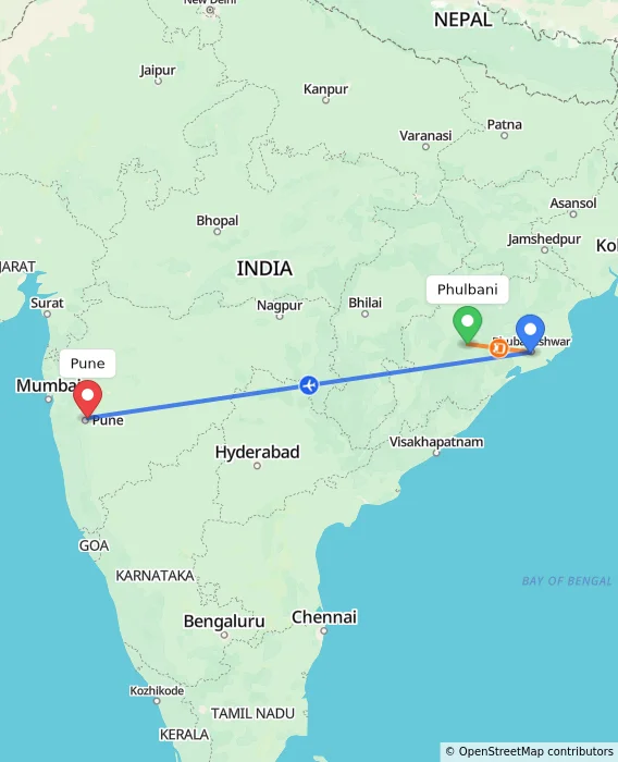 Route map showing distance and travel time from Phulbani, India to Pune, India