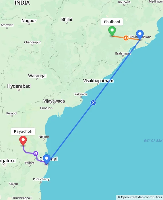 Route map showing distance and travel time from Phulbani, India to Rayachoti, India