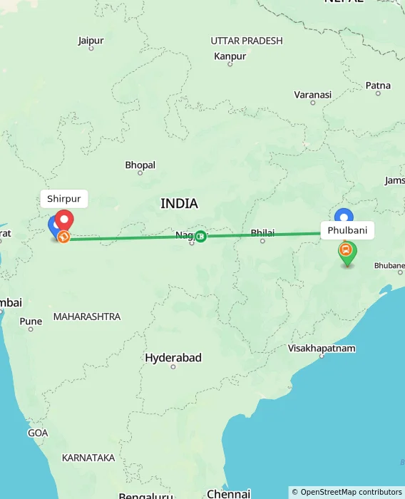 Route map showing distance and travel time from Phulbani, India to Shirpur, India