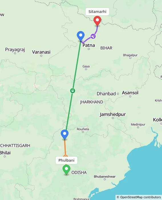 Route map showing distance and travel time from Phulbani, India to Sitamarhi, India