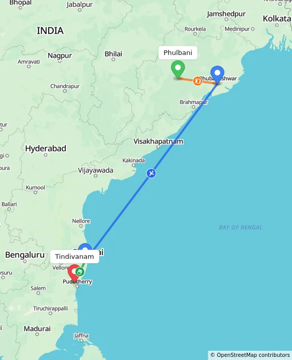 Route map showing distance and travel time from Phulbani, India to Tindivanam, India