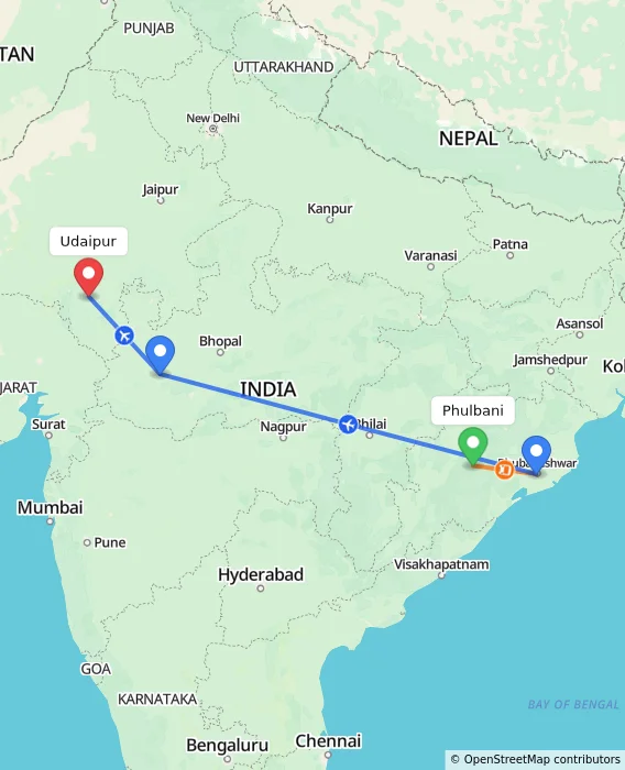 Route map showing distance and travel time from Phulbani, India to Udaipur, India