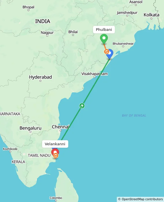Route map showing distance and travel time from Phulbani, India to Velankanni, India