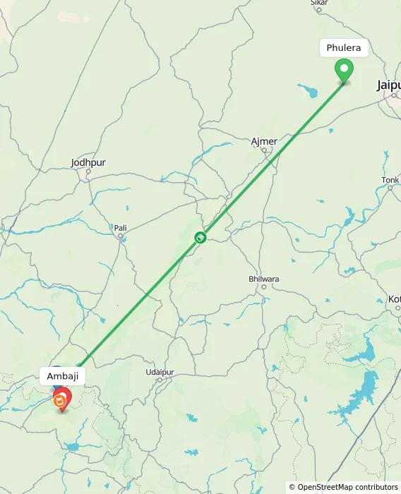 Route map showing distance and travel time from Phulera, India to Ambaji, India