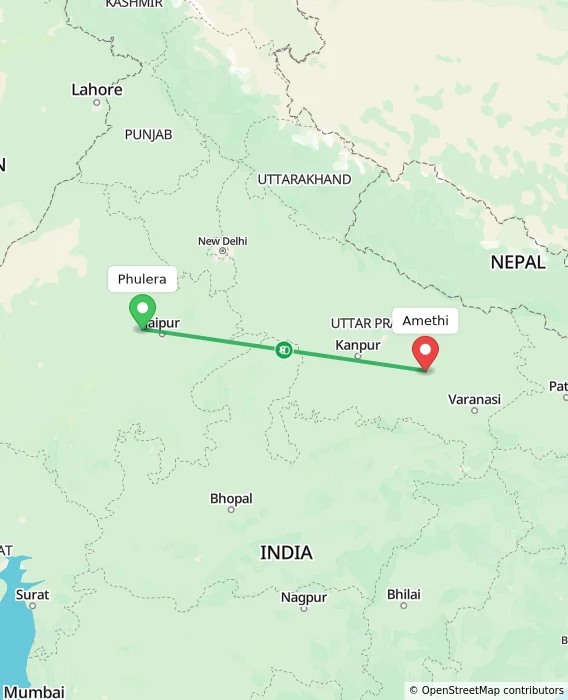 Route map showing distance and travel time from Phulera, India to Amethi, India