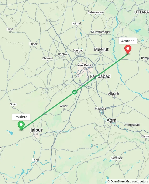 Route map showing distance and travel time from Phulera, India to Amroha, India