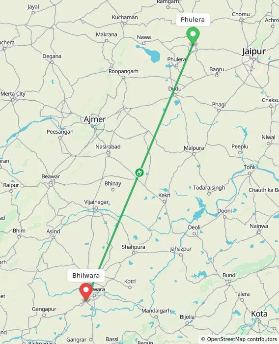 Route map showing distance and travel time from Phulera, India to Bhilwara, India