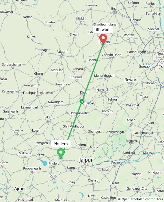 Route map showing distance and travel time from Phulera, India to Bhiwani, India