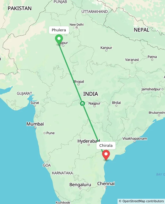 Route map showing distance and travel time from Phulera, India to Chirala, India