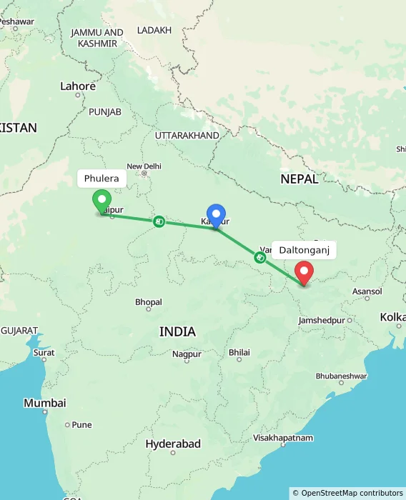 Route map showing distance and travel time from Phulera, India to Daltonganj, India