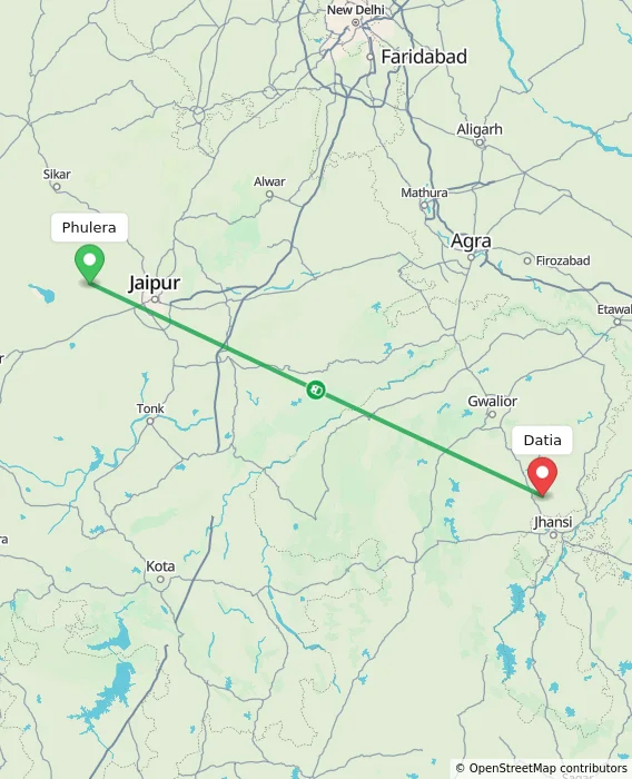 Route map showing distance and travel time from Phulera, India to Datia, India