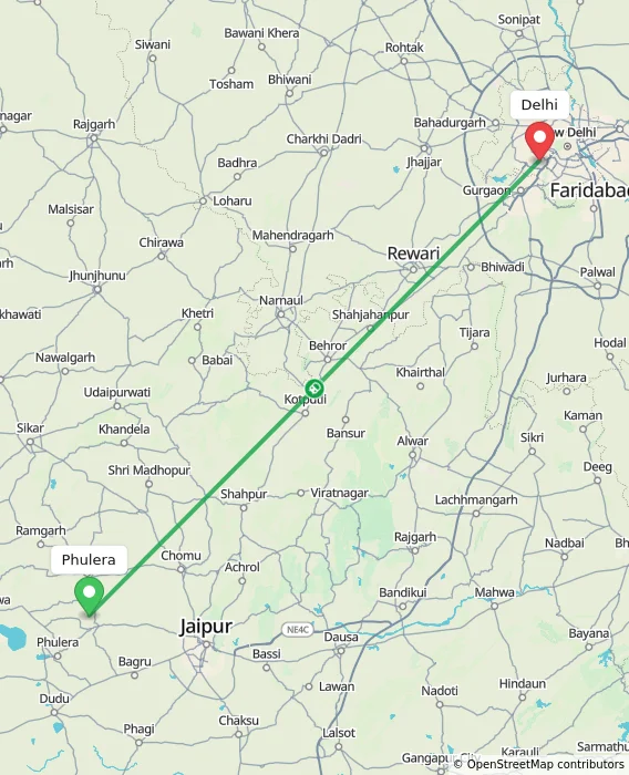 Route map showing distance and travel time from Phulera, India to Delhi, India