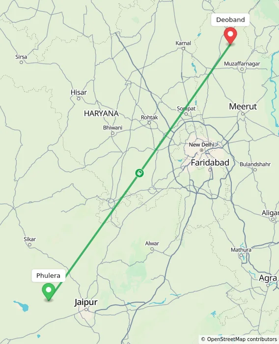 Route map showing distance and travel time from Phulera, India to Deoband, India