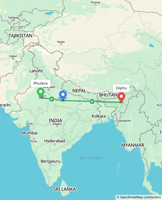 Route map showing distance and travel time from Phulera, India to Diphu, India
